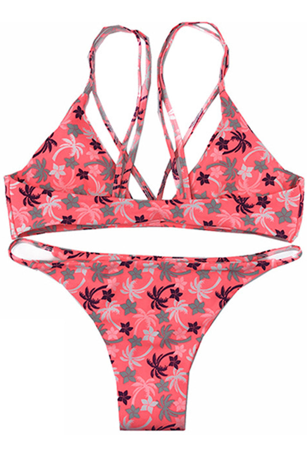 Women Printed Cross Strap Two Piece Floral Swimsuit