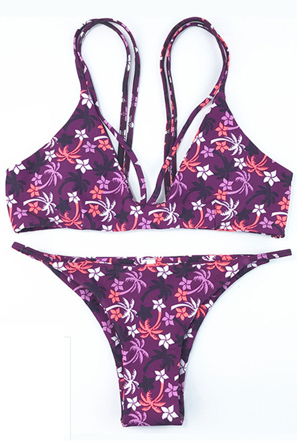 Women Printed Cross Strap Two Piece Floral Swimsuit