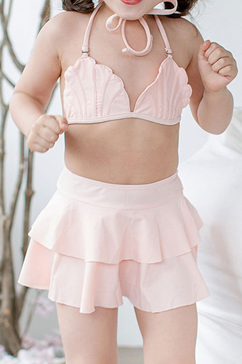 Baby Girls Solid Color Strap Neck Top Ruffled Bottom Swimsuit