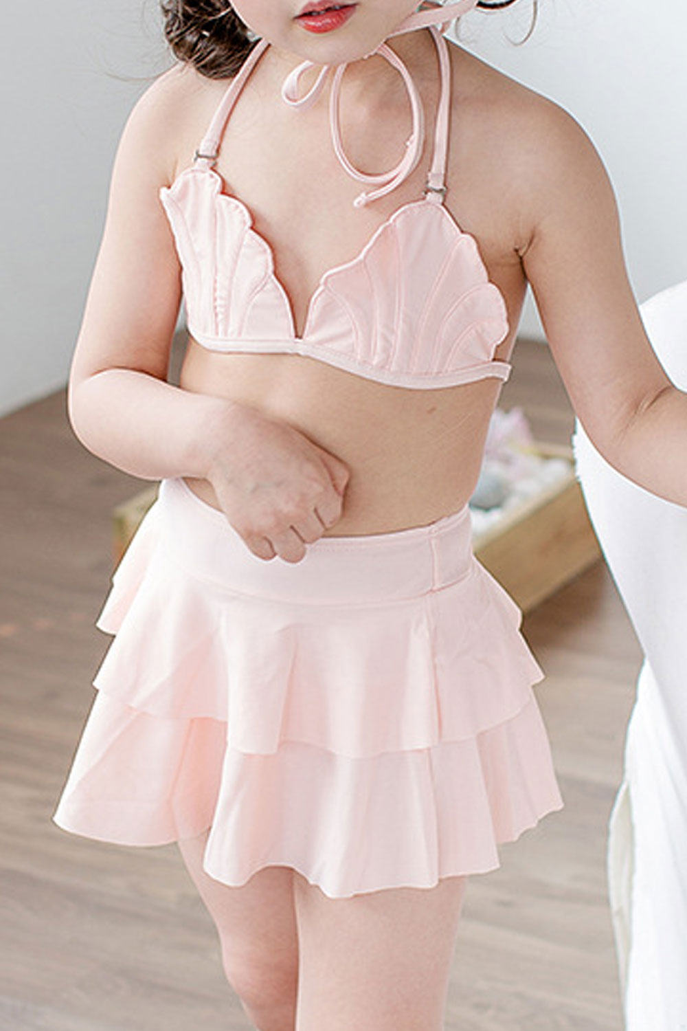 Baby Girls Solid Color Strap Neck Top Ruffled Bottom Swimsuit
