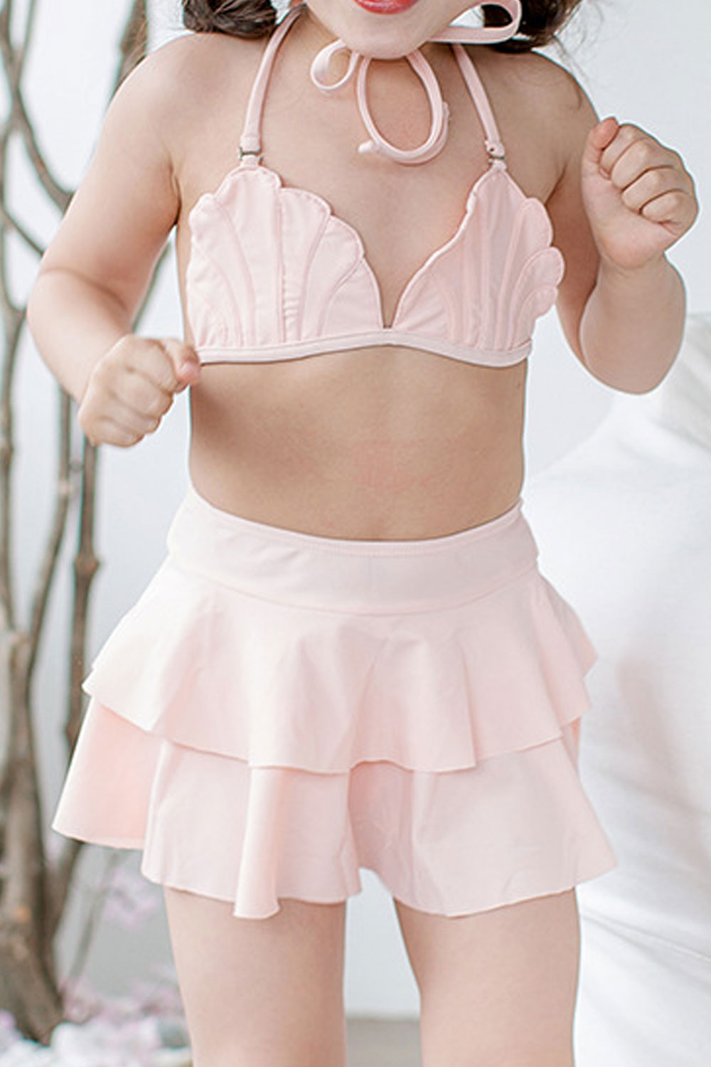 Baby Girls Solid Color Strap Neck Top Ruffled Bottom Swimsuit