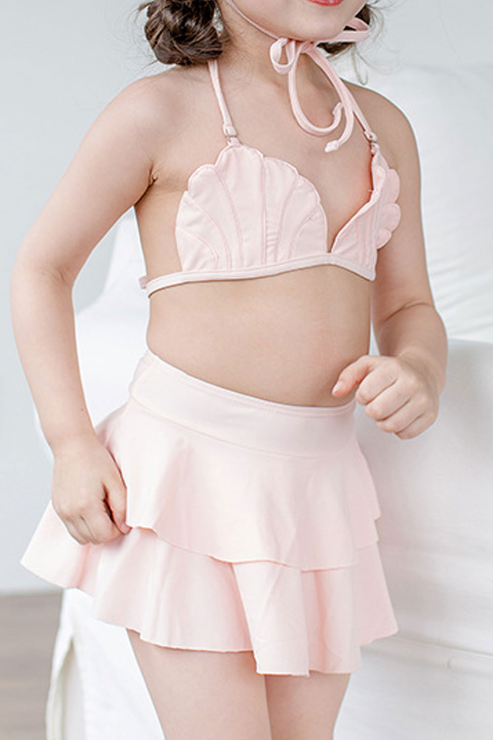 Baby Girls Solid Color Strap Neck Top Ruffled Bottom Swimsuit