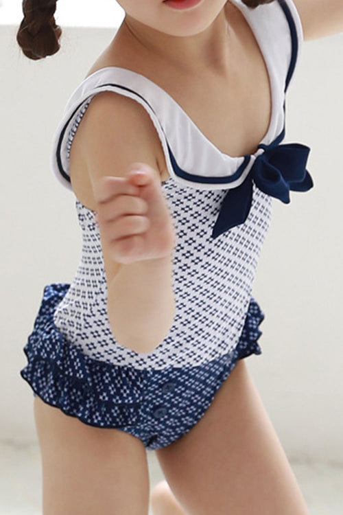 Baby Girls Simple Printed Pattern Bow Decorated One Piece swimsuit