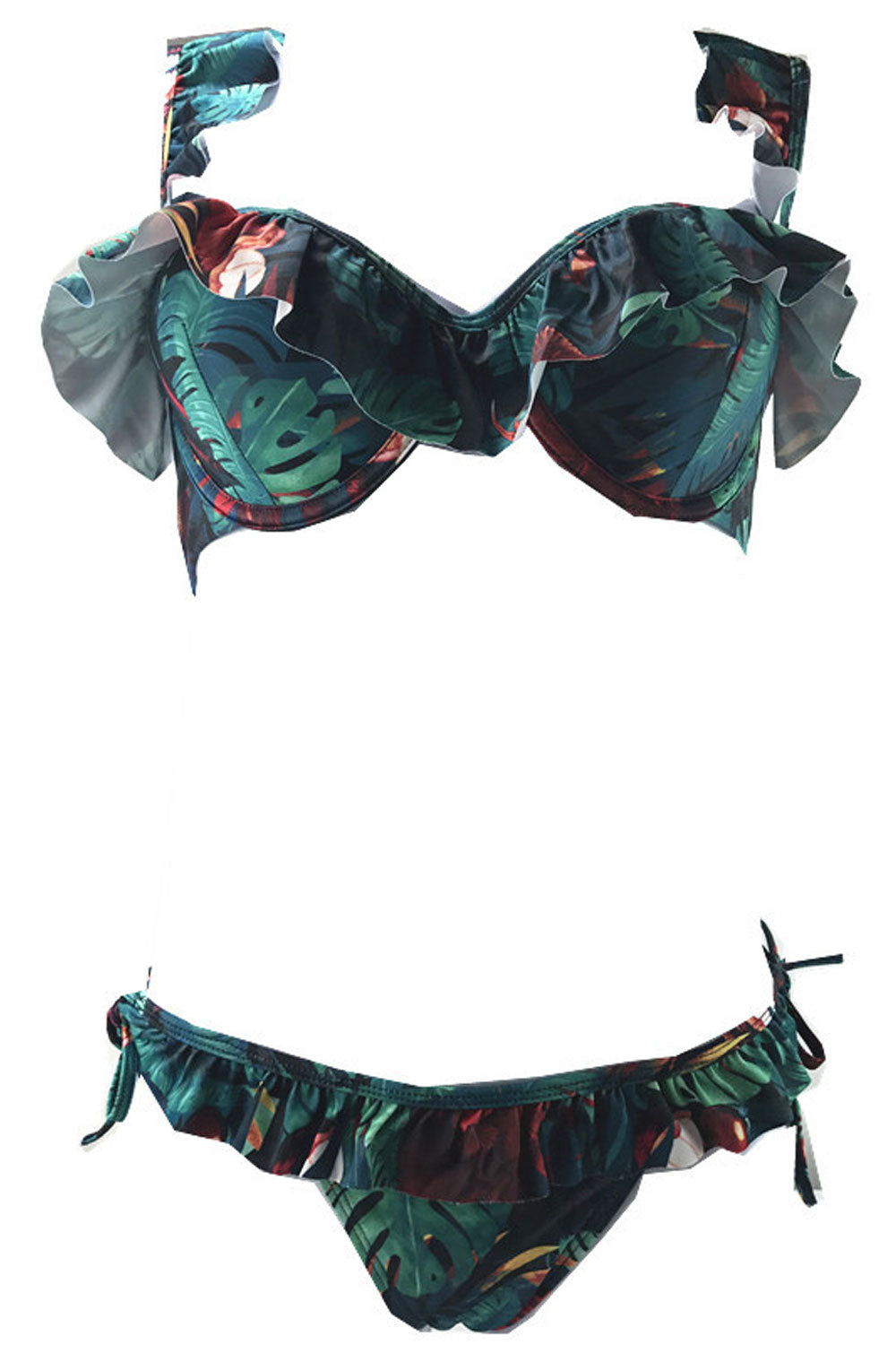 Women Ruffled Trim Printed Elegant Two Piece Swimwear