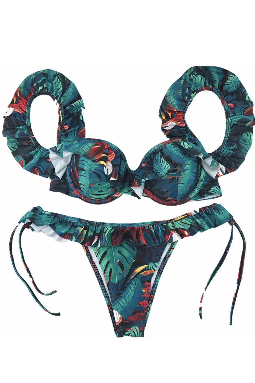 Women Ruffled Trim Printed Elegant Two Piece Swimwear