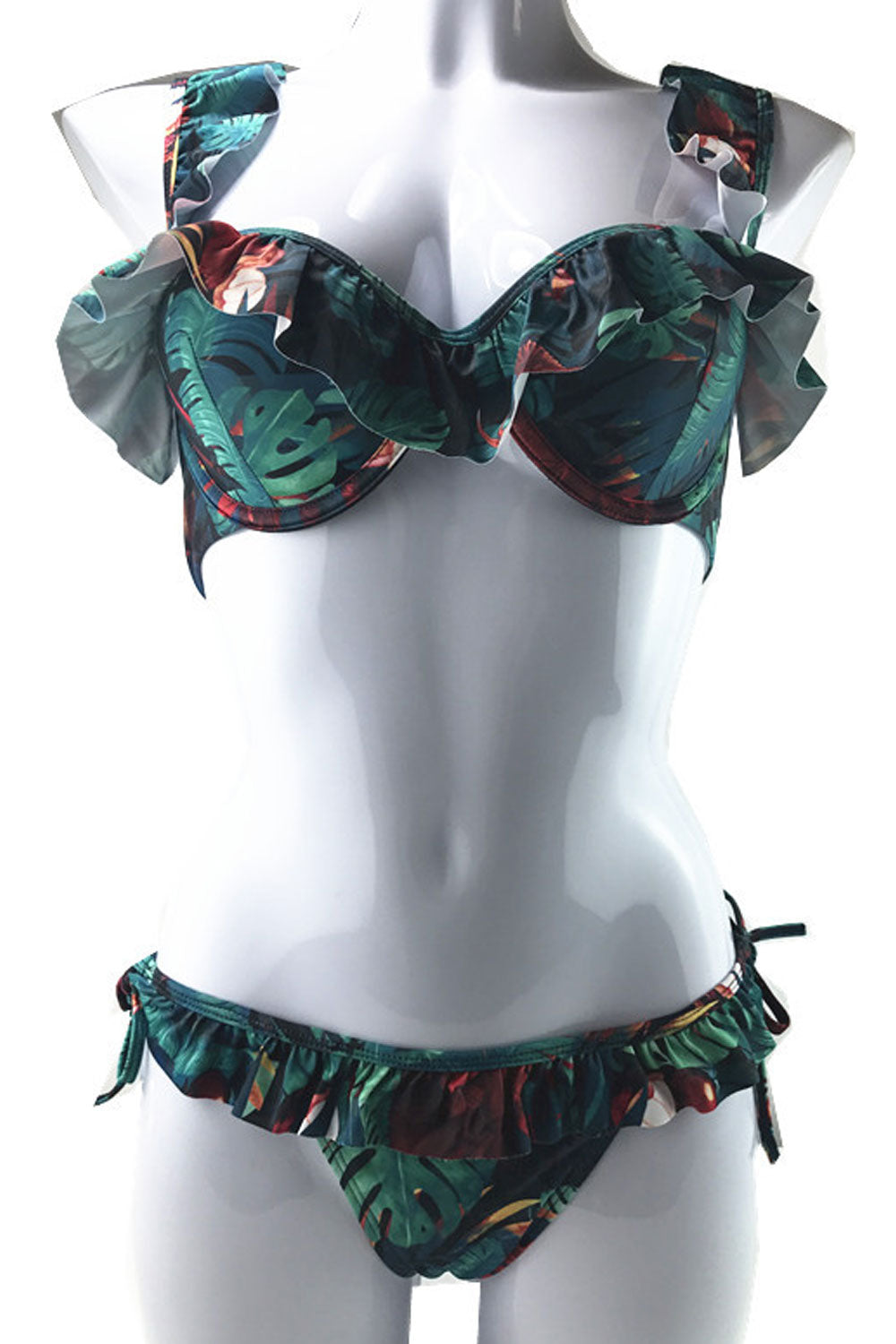 Women Ruffled Trim Printed Elegant Two Piece Swimwear