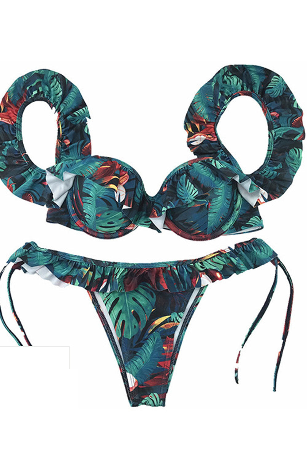 Women Fashion Look Ruffled Tie Strap Printed Swim Set