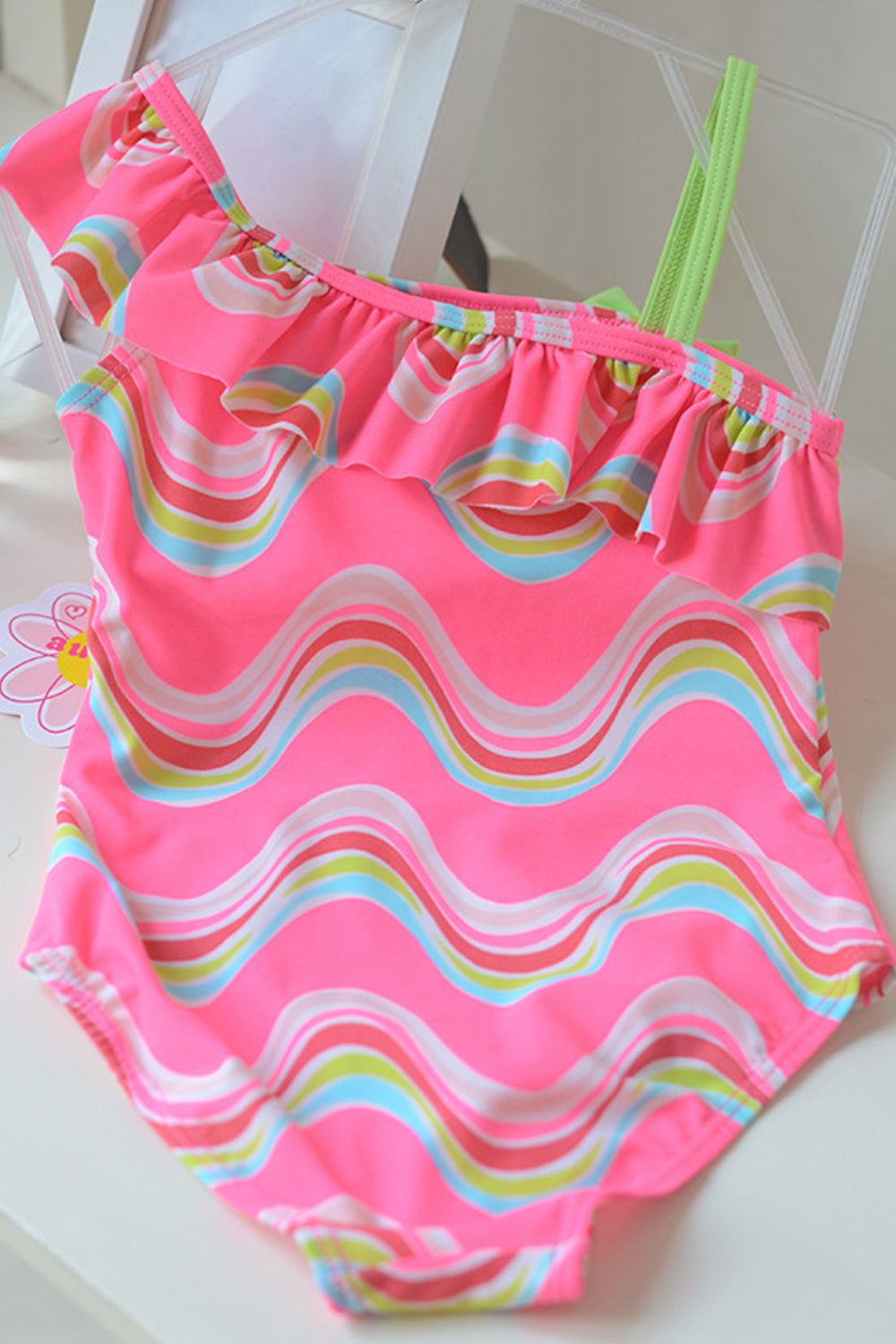 Baby Girls Slanted Neck Bow Attached One Piece Swimsuit