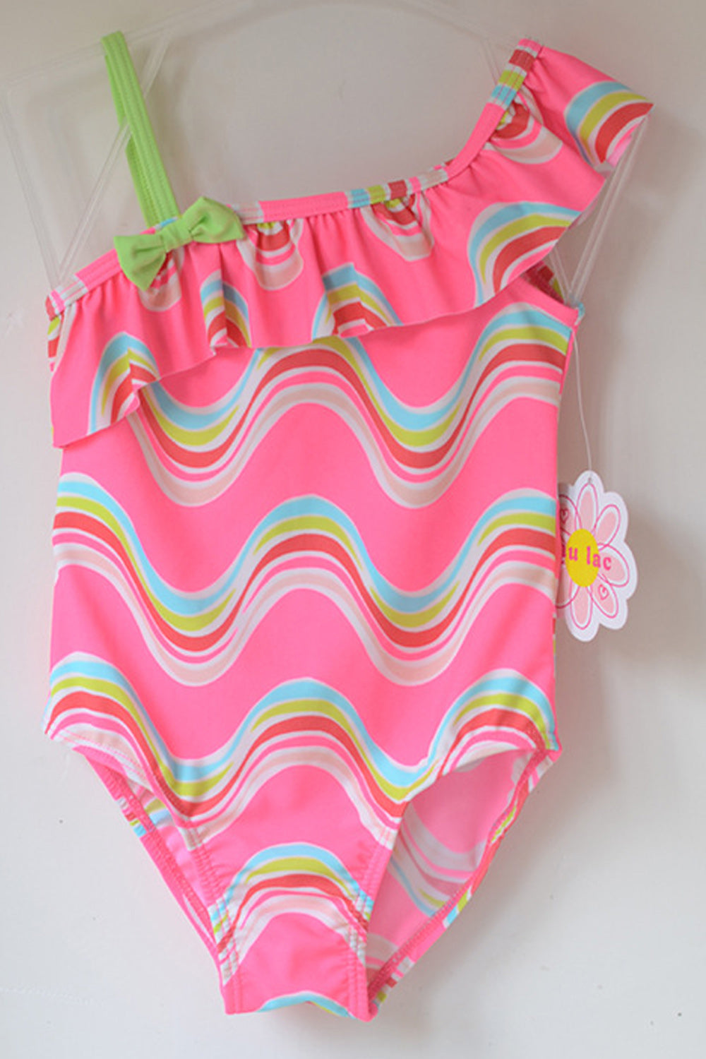 Baby Girls Slanted Neck Bow Attached One Piece Swimsuit