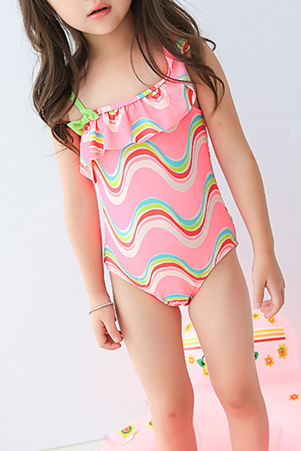 Baby Girls Slanted Neck Bow Attached One Piece Swimsuit