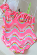 Baby Girls Slanted Neck Bow Attached One Piece Swimsuit