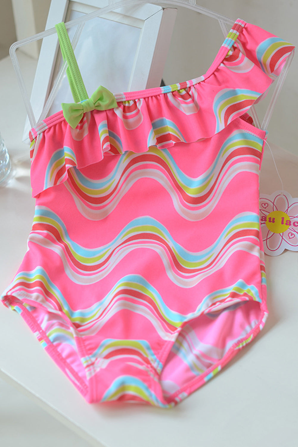Baby Girls Slanted Neck Bow Attached One Piece Swimsuit