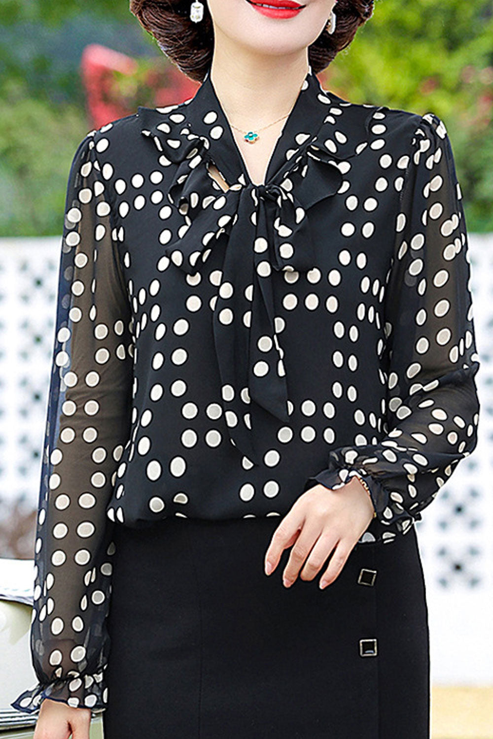 Women New Design Fashionable Ribbon Collar Long Sleeved Polka Dots Printed Fresh and Sweet Style Summer Casual Chiffon Top