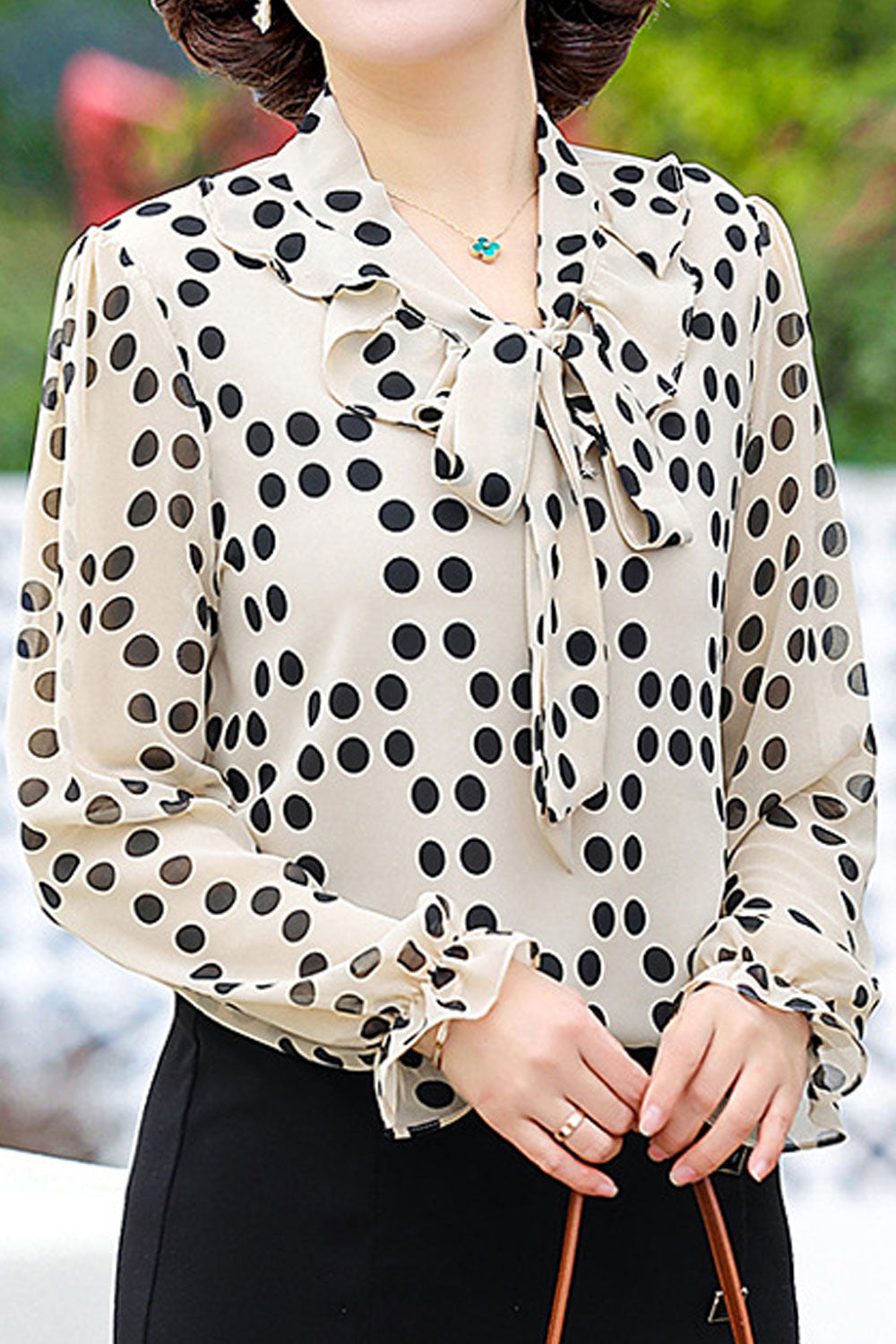 Women New Design Fashionable Ribbon Collar Long Sleeved Polka Dots Printed Fresh and Sweet Style Summer Casual Chiffon Top
