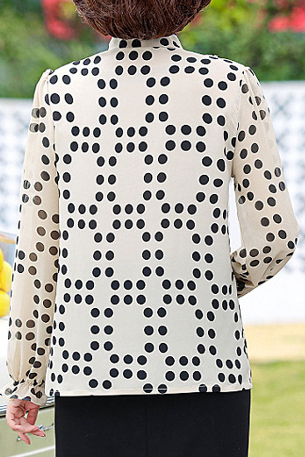Women New Design Fashionable Ribbon Collar Long Sleeved Polka Dots Printed Fresh and Sweet Style Summer Casual Chiffon Top