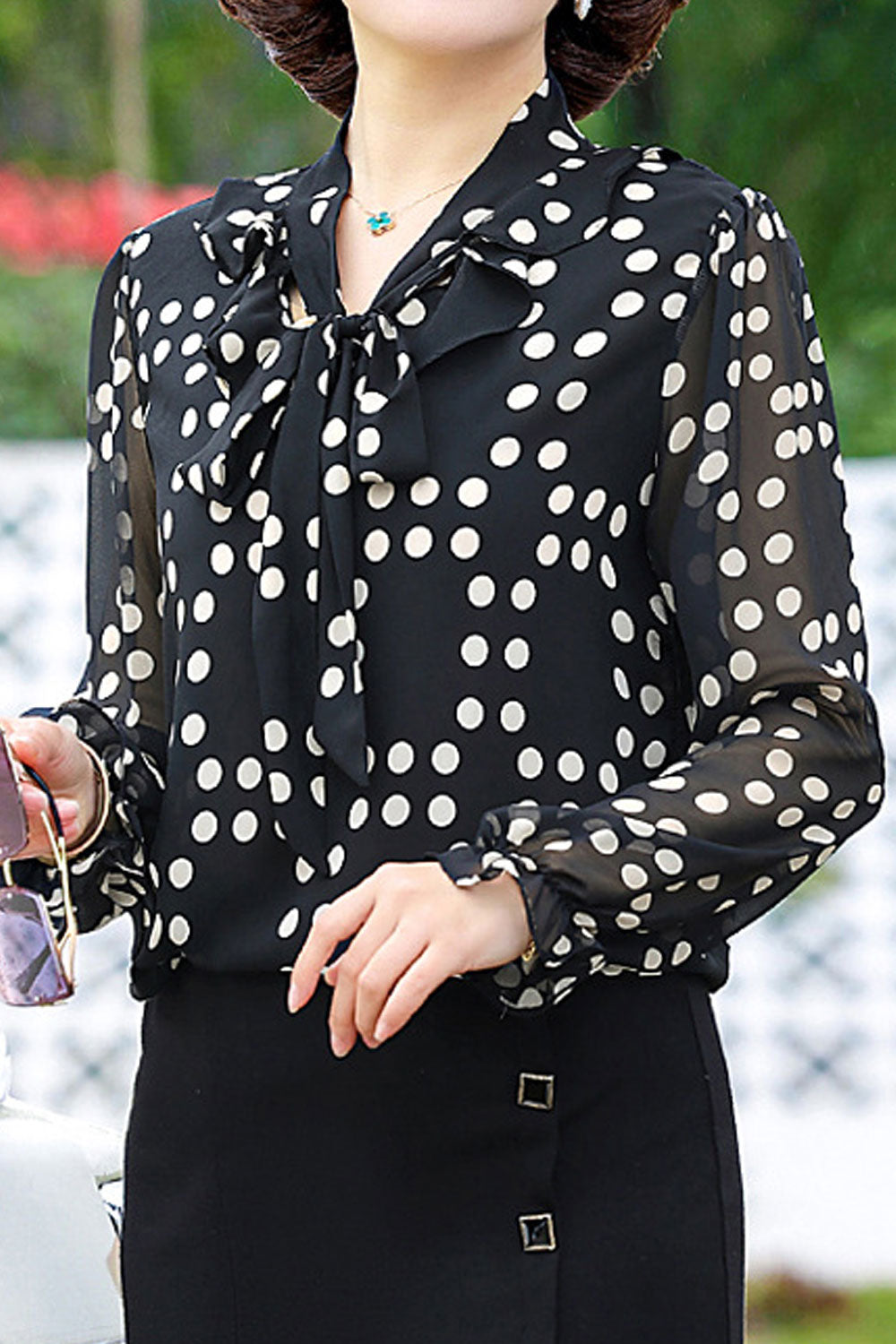 Women New Design Fashionable Ribbon Collar Long Sleeved Polka Dots Printed Fresh and Sweet Style Summer Casual Chiffon Top