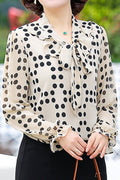 Women New Design Fashionable Ribbon Collar Long Sleeved Polka Dots Printed Fresh and Sweet Style Summer Casual Chiffon Top
