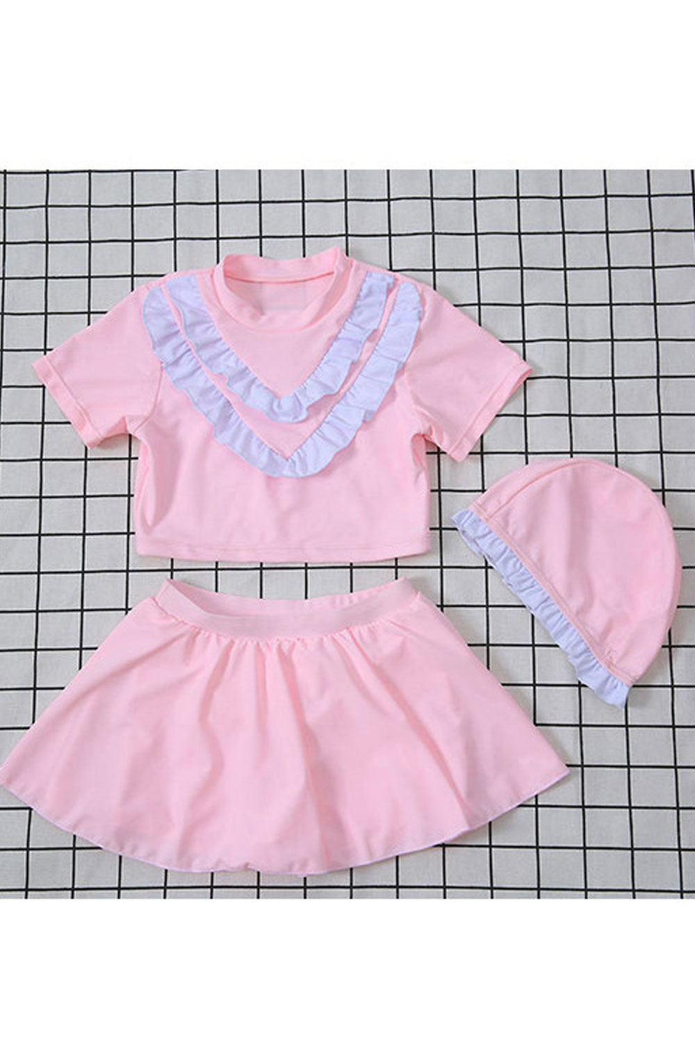 Baby Girls Fashionable Trim Ruffles Pleated Skirt Swimsuit