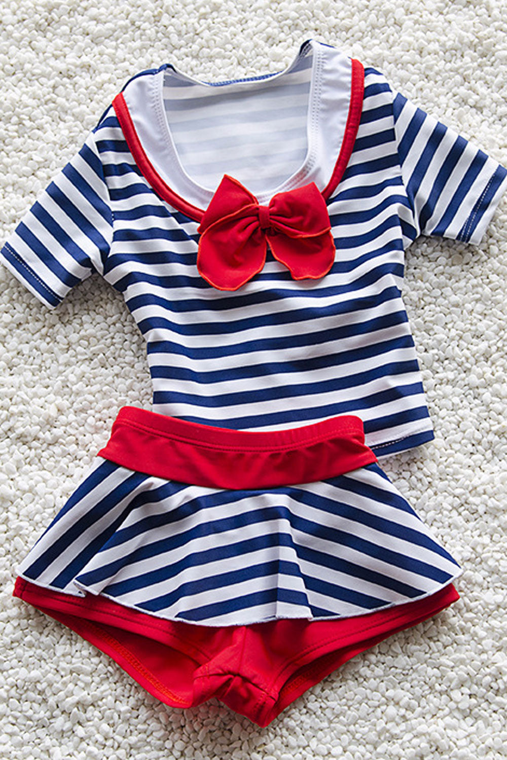 Baby Girls Short Sleeve Striped Pattern Swimsuit