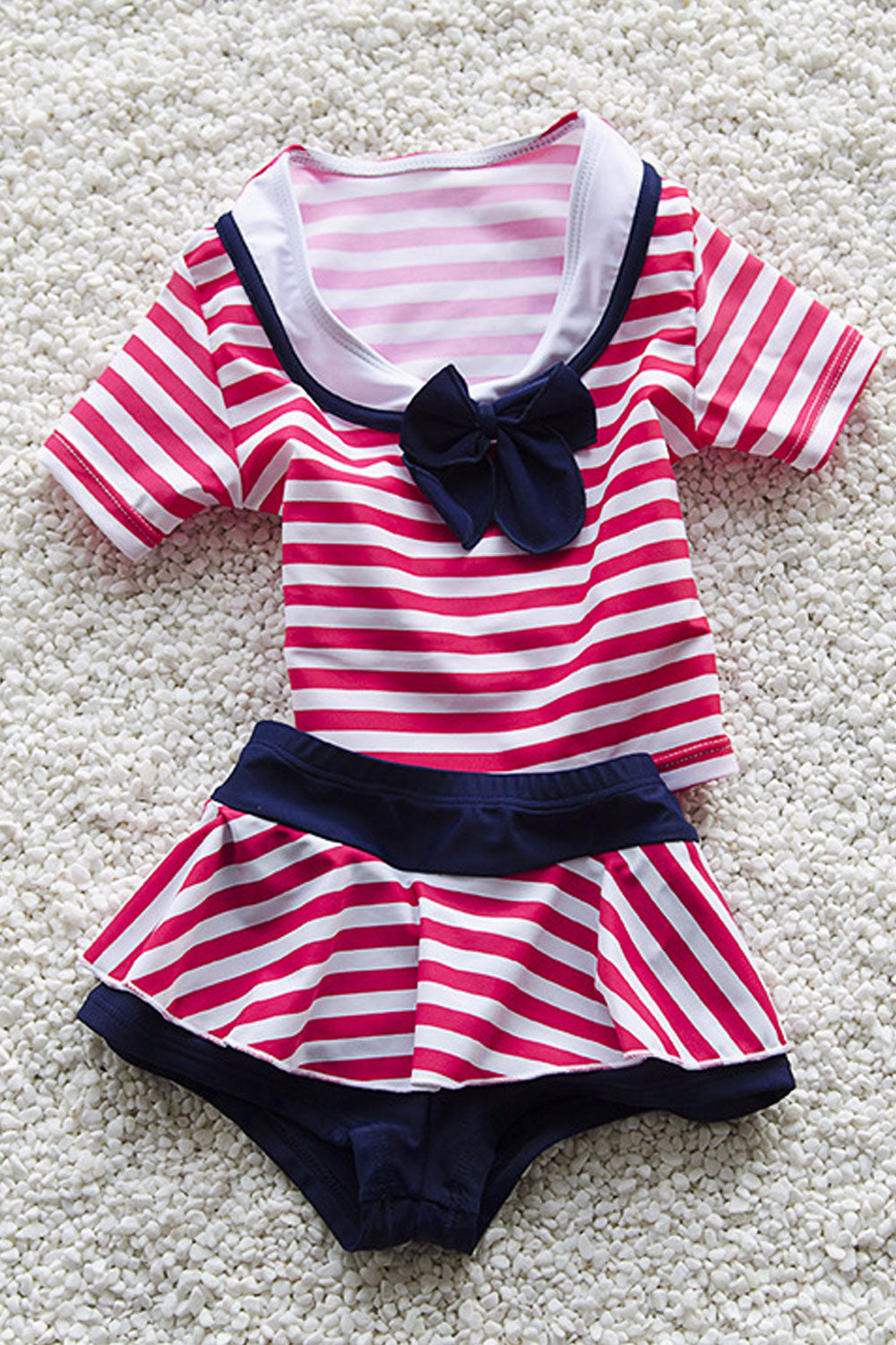 Baby Girls Short Sleeve Striped Pattern Swimsuit