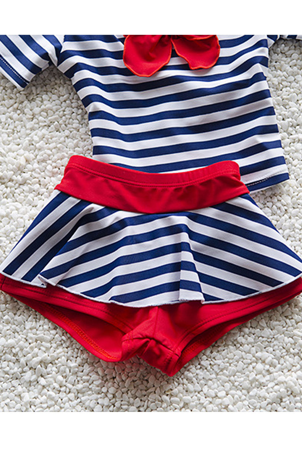 Baby Girls Short Sleeve Striped Pattern Swimsuit