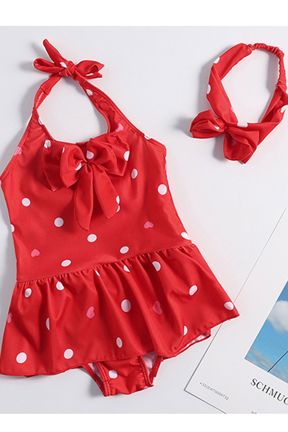 Baby Girls Beautiful Polka Dot Bow Decorated Swimsuit