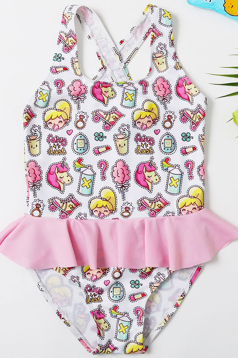 Baby Girls Cartoon Printed Cross Strap Neck One Piece Swimsuit