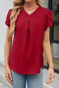 Women New Fashion V-Neck Petal Sleeves Solid Color Summer Casual Loose Chiffon Top