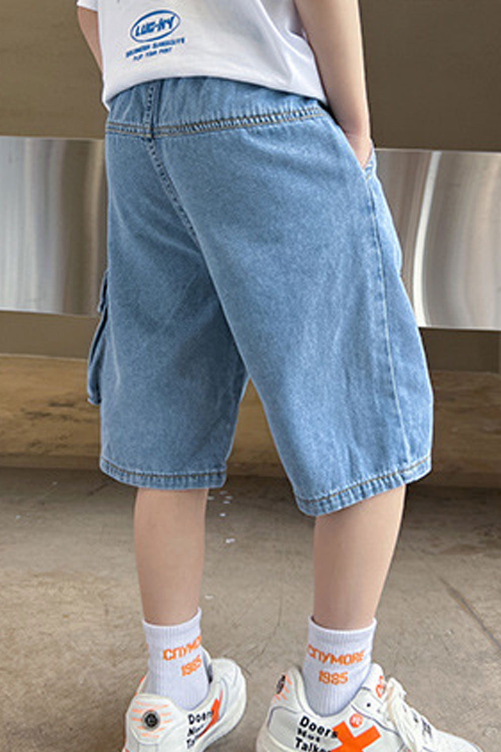 Kids Boys New Fashionable High Waist Elastic Belt Solid Color ,Letter Pattern Summer Casual Thin Section Tooling Five-Point Pant