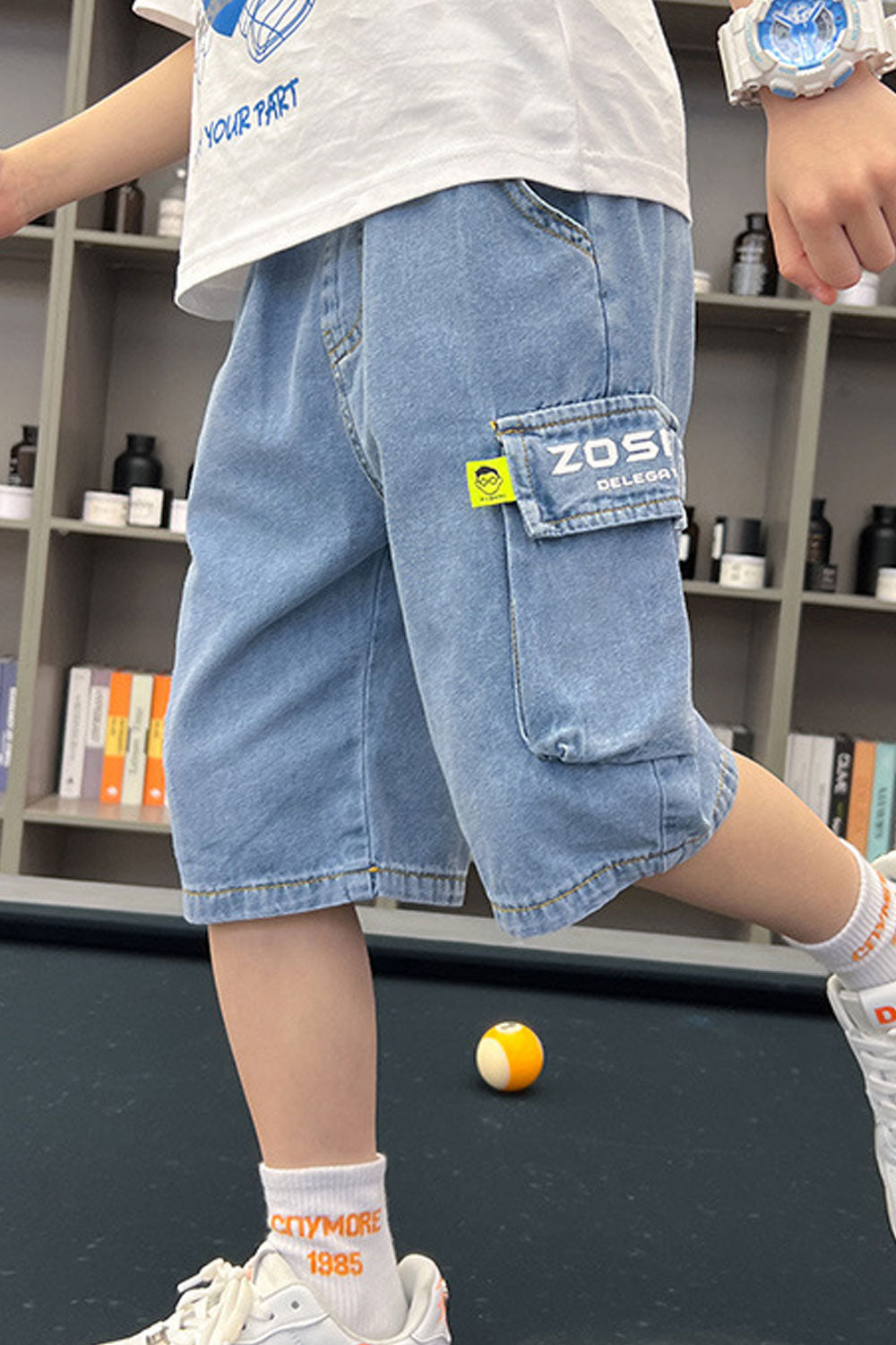 Kids Boys New Fashionable High Waist Elastic Belt Solid Color ,Letter Pattern Summer Casual Thin Section Tooling Five-Point Pant