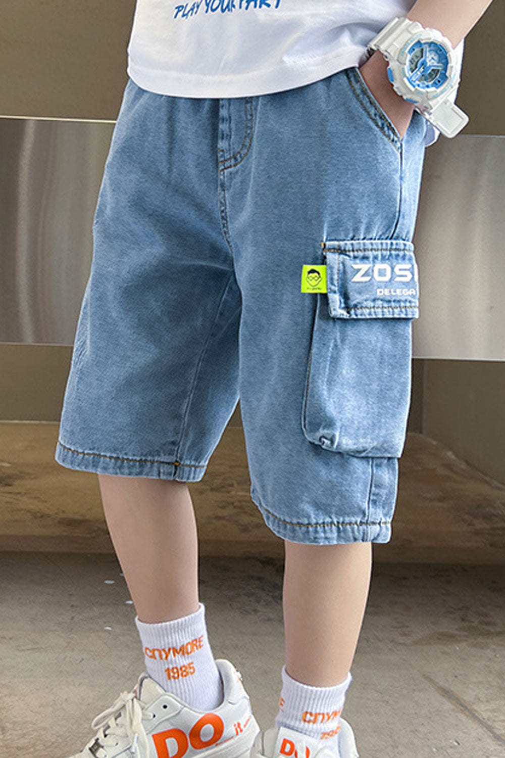 Kids Boys New Fashionable High Waist Elastic Belt Solid Color ,Letter Pattern Summer Casual Thin Section Tooling Five-Point Pant