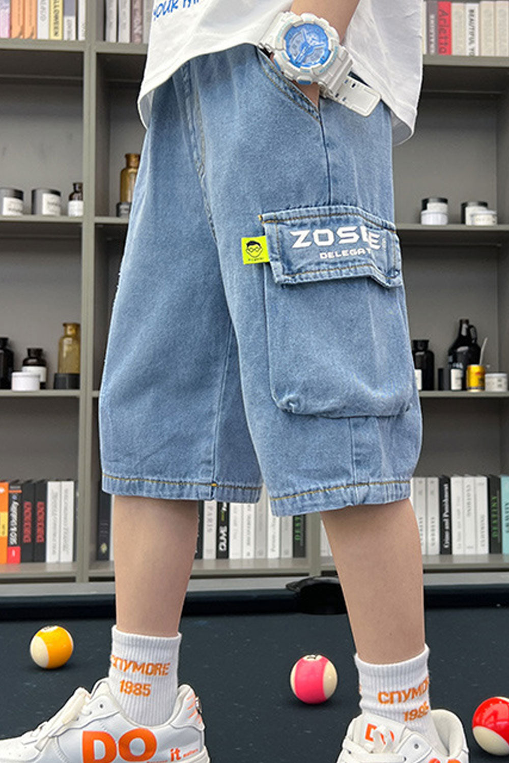 Kids Boys New Fashionable High Waist Elastic Belt Solid Color ,Letter Pattern Summer Casual Thin Section Tooling Five-Point Pant