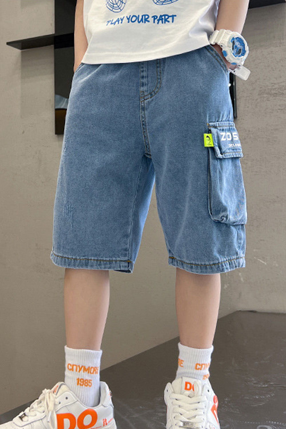Kids Boys New Fashionable High Waist Elastic Belt Solid Color ,Letter Pattern Summer Casual Thin Section Tooling Five-Point Pant