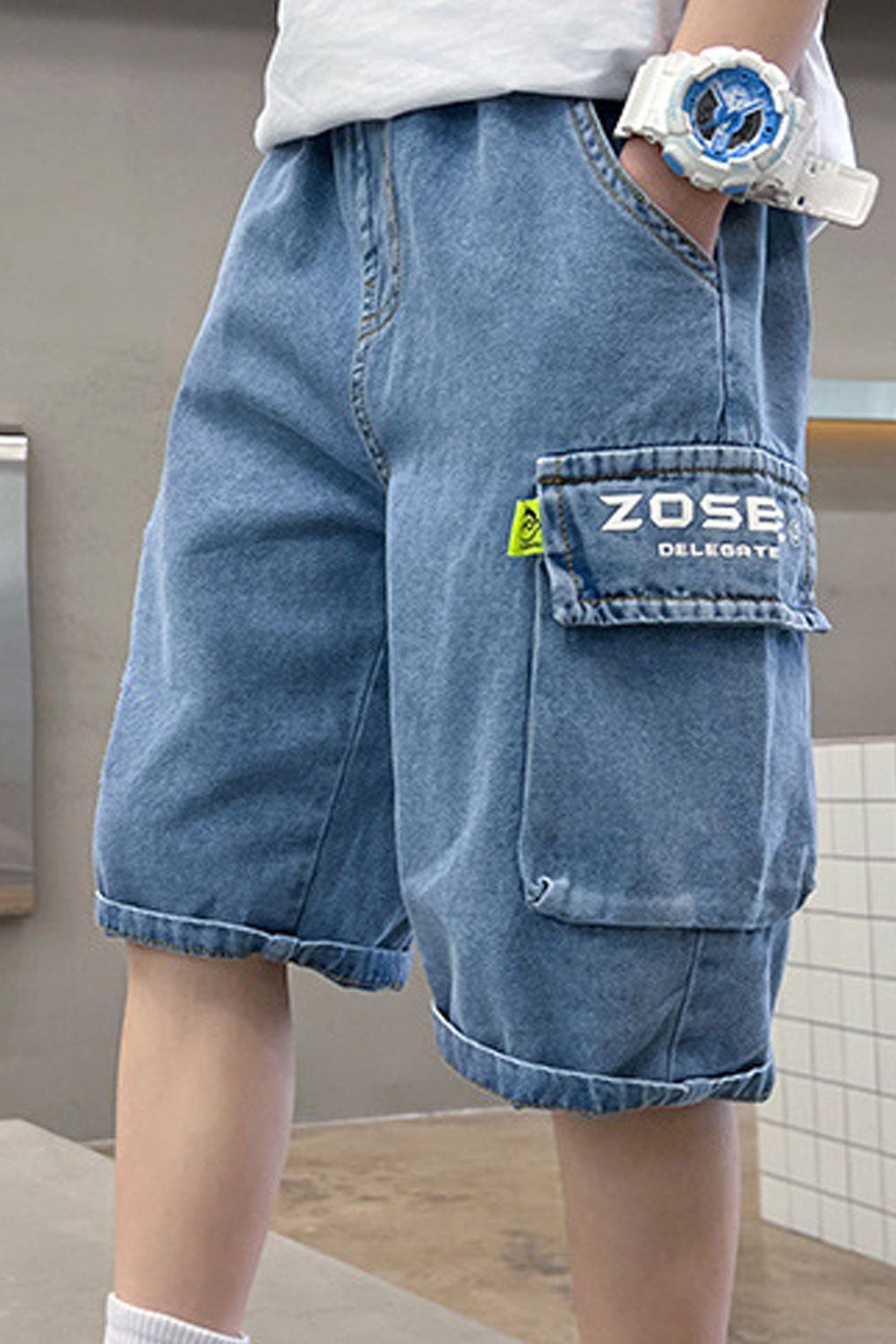Kids Boys New Fashionable High Waist Elastic Belt Solid Color ,Letter Pattern Summer Casual Thin Section Tooling Five-Point Pant