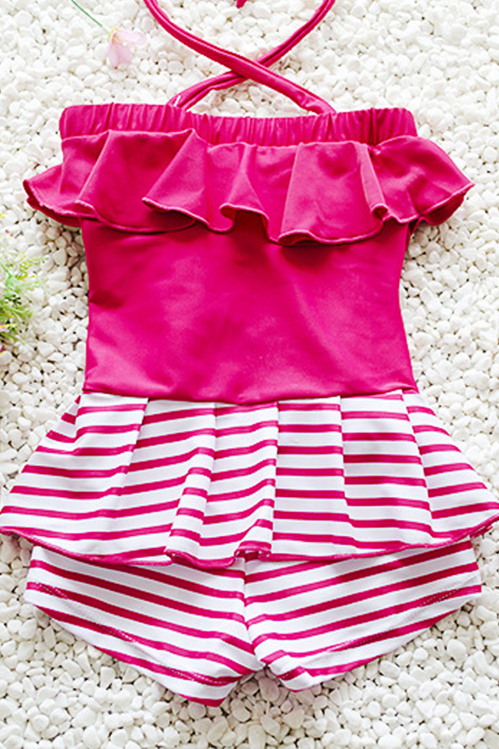 Baby Girls Tie Neck Elasticated Bust Striped Skirt Swimsuit