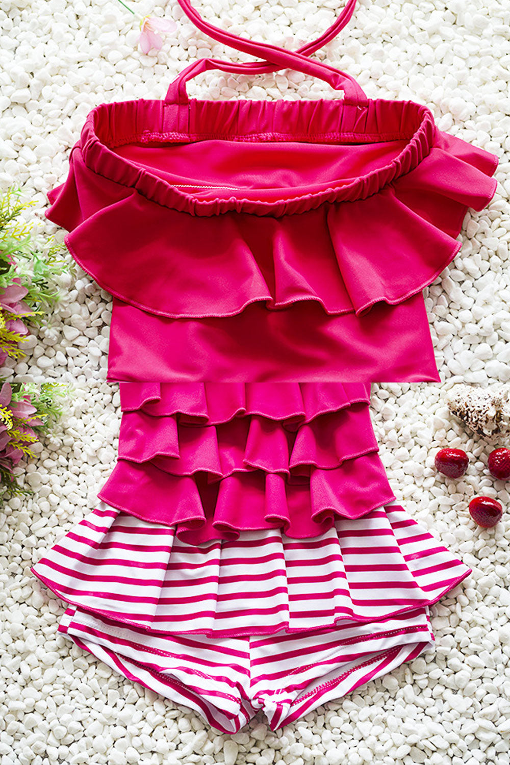 Baby Girls Tie Neck Elasticated Bust Striped Skirt Swimsuit