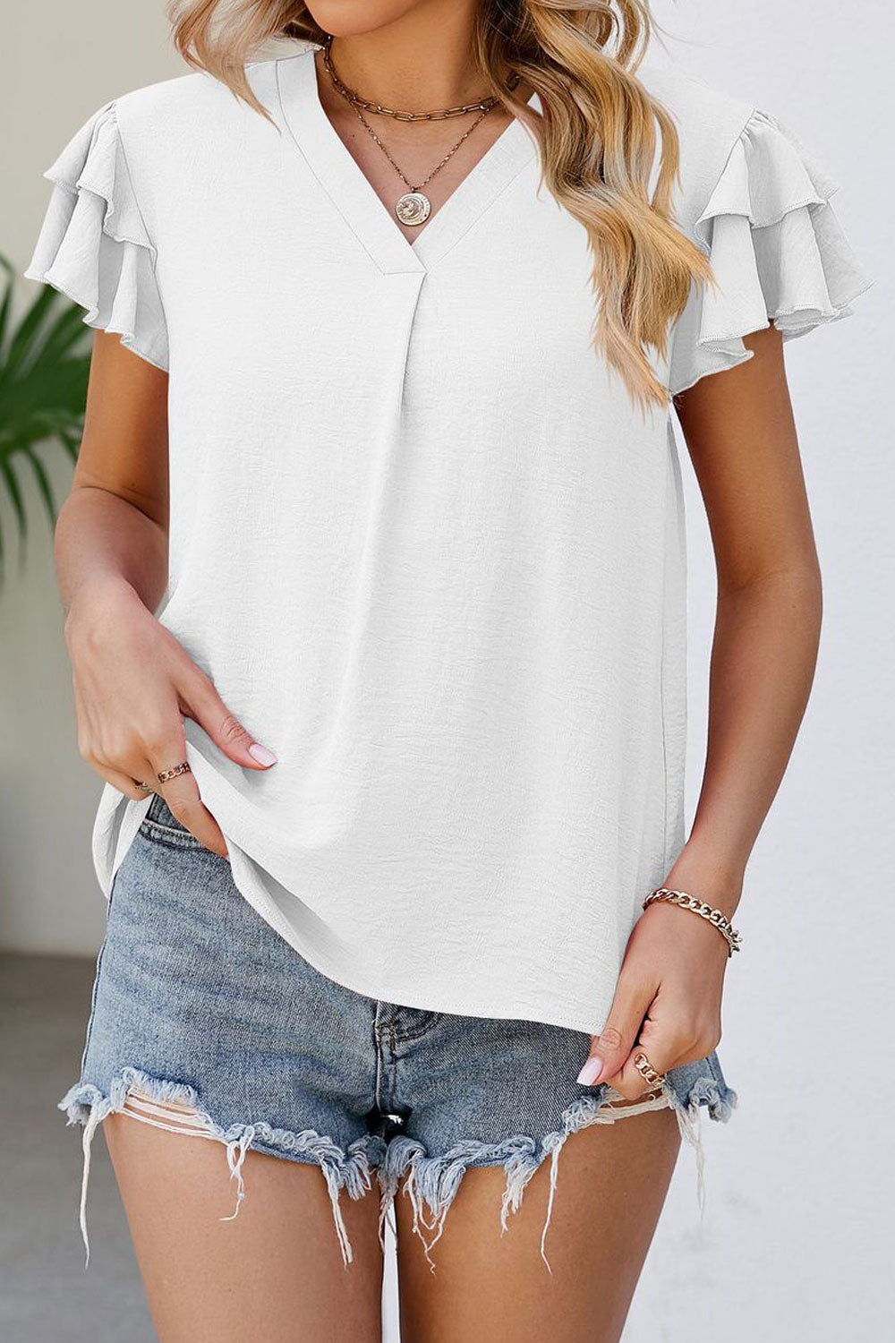 Women New Fashion V- Neck Short Feifei Sleeves Solid Color Summer Chiffon Top