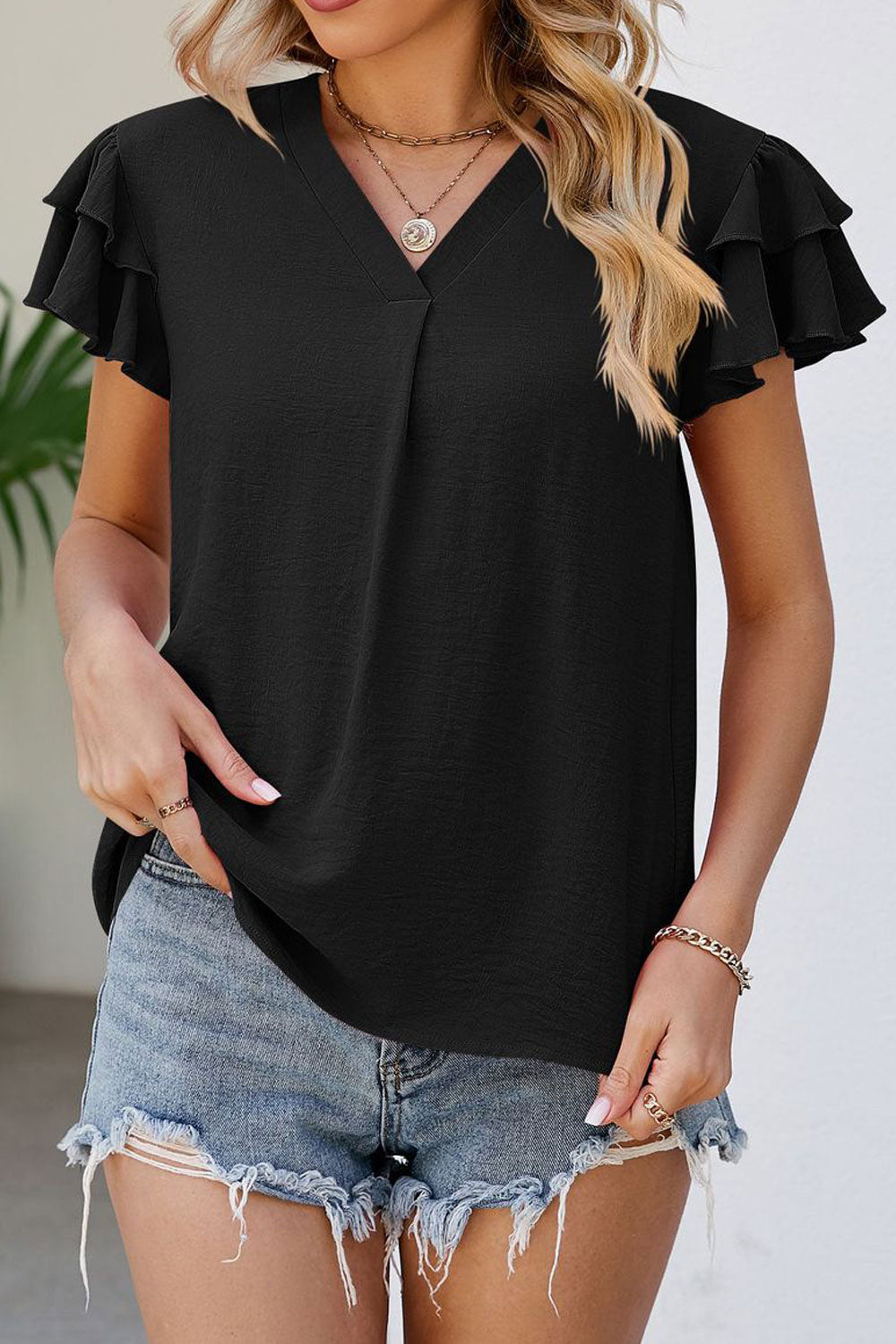 Women New Fashion V- Neck Short Feifei Sleeves Solid Color Summer Chiffon Top