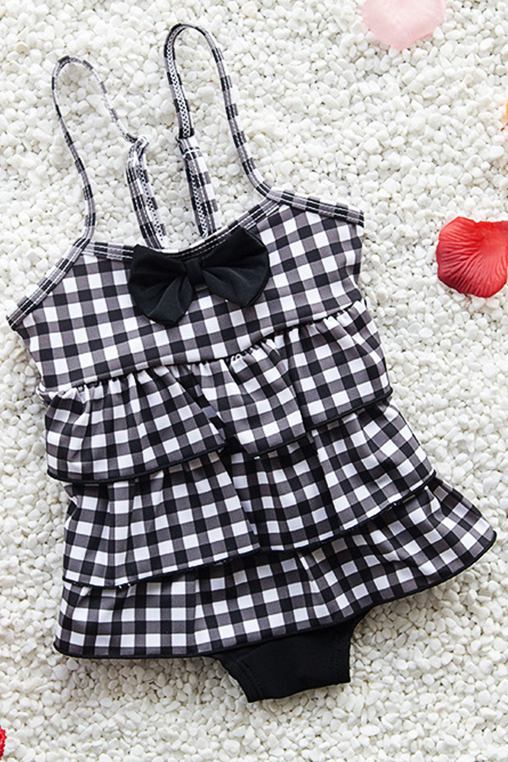 Baby Girls Adjustable Strap Neck Bow Decorated One Piece Swimsuit