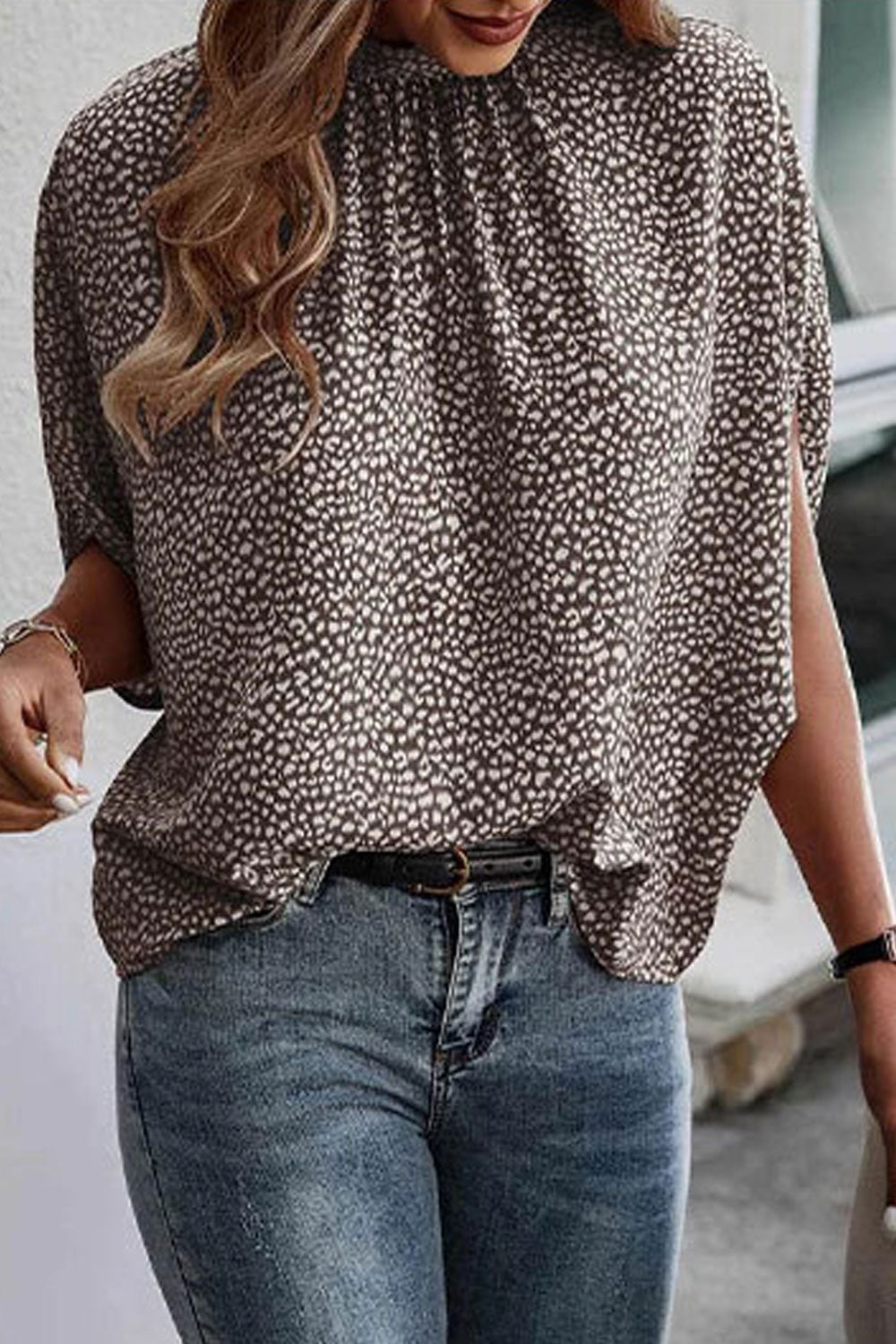 Women New Fashion Half Turtle Neck Slit Bat Sleeves Summer Casual Strap Top