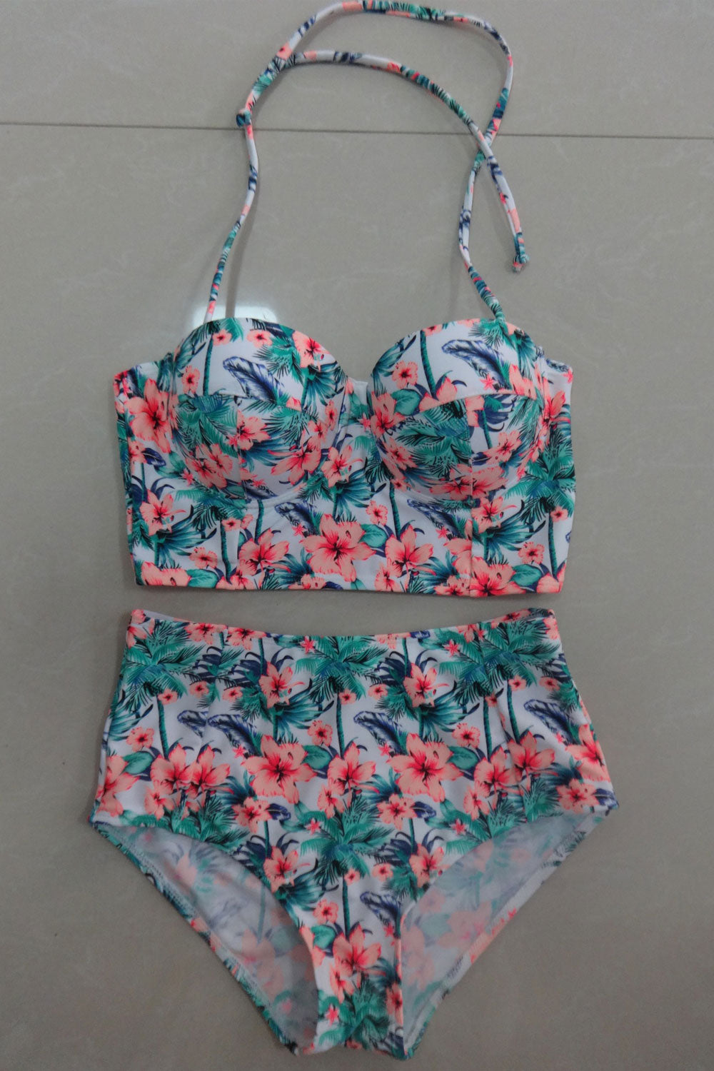 Women Floral Halter Tie Wide Two Piece Swimsuit Set