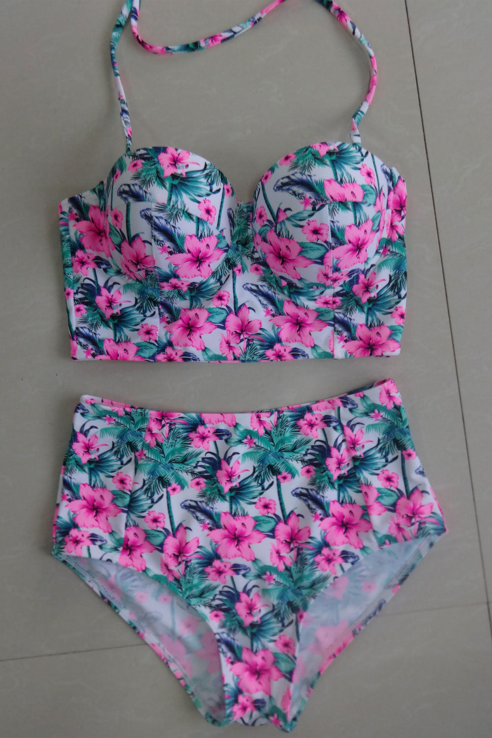 Women Floral Halter Tie Wide Two Piece Swimsuit Set