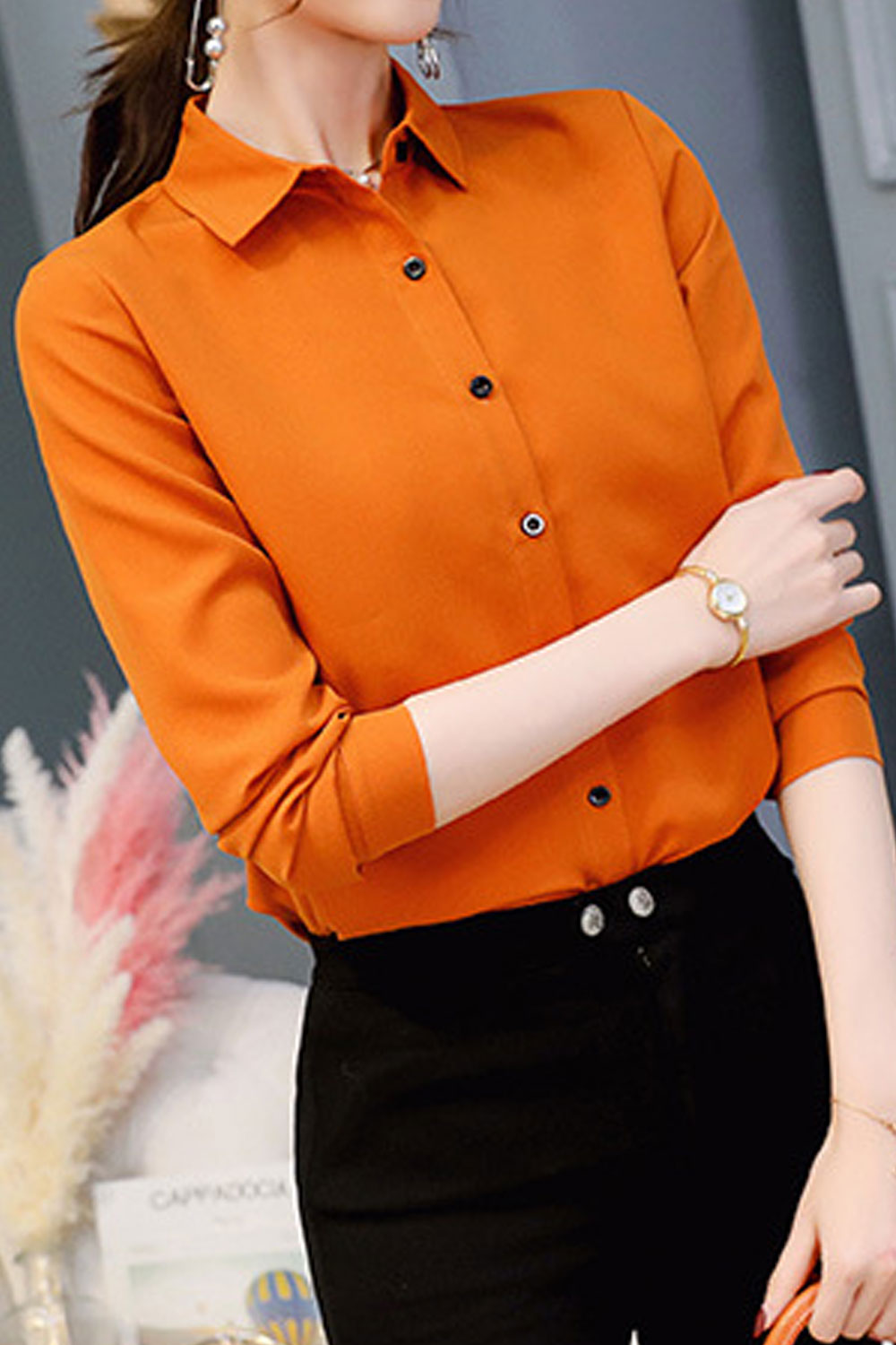 Women New Fashion Collar Neck Long Sleeves Solid Color Bottoming Slim-Fit Casual Summer Chiffon Shirt