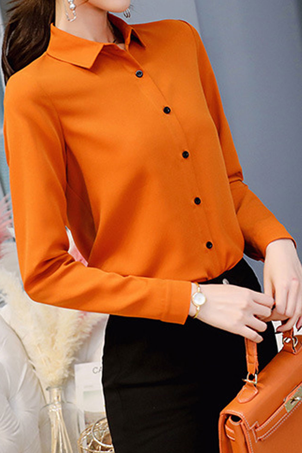 Women New Fashion Collar Neck Long Sleeves Solid Color Bottoming Slim-Fit Casual Summer Chiffon Shirt