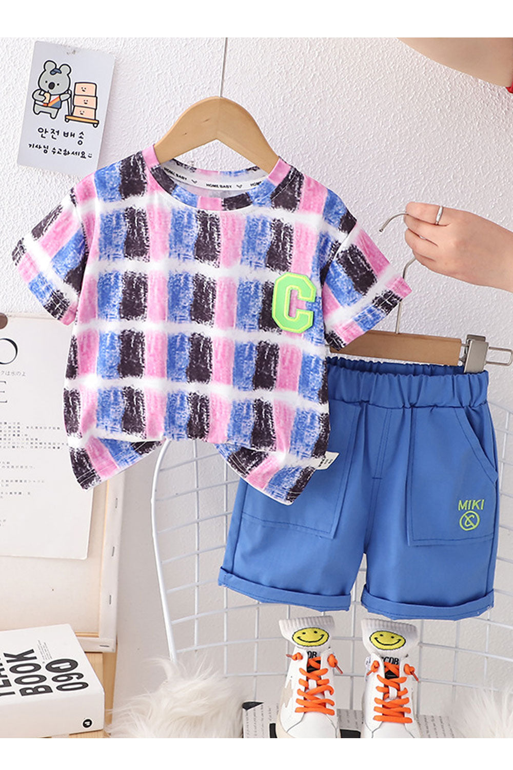 Baby and Toddler Boys New Style Fashionable Round Neck Short Sleeves Plaid Pattern T-Shirt with Descent Baby Shorts Summer Thin