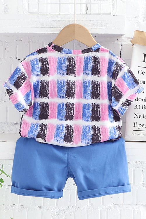 Baby and Toddler Boys New Style Fashionable Round Neck Short Sleeves Plaid Pattern T-Shirt with Descent Baby Shorts Summer Thin