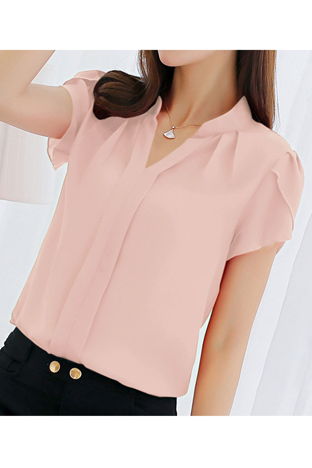 Women New Stand- Neck Short Sleeves Solid Color Fresh Style Bottoming Summer Shirt