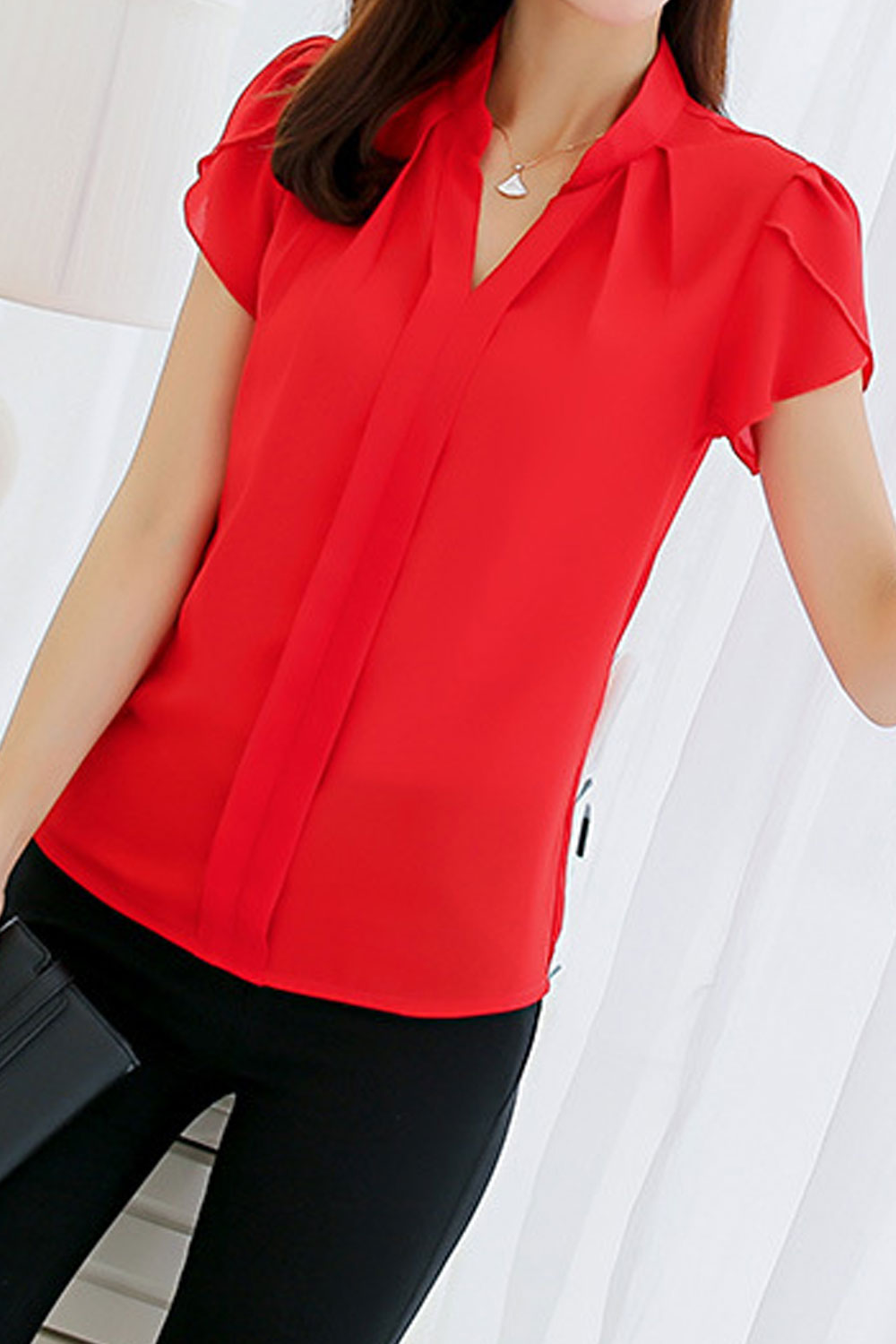 Women New Stand- Neck Short Sleeves Solid Color Fresh Style Bottoming Summer Shirt