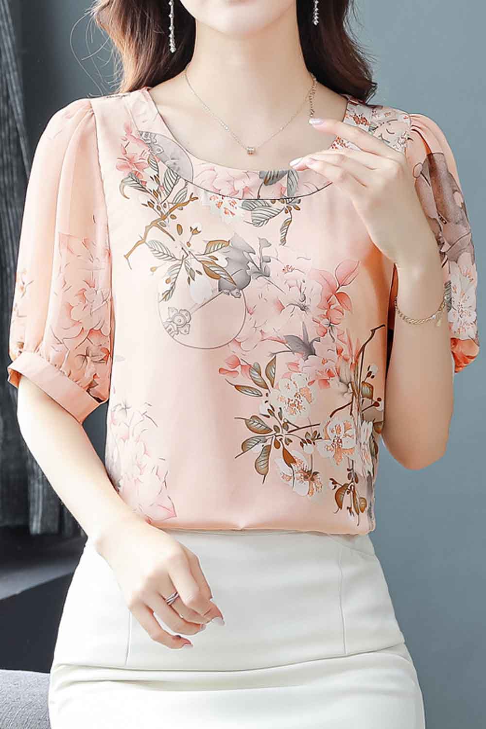 Women New Design Fashionable Mulberry Silk Round Neck Short Puff Sleeves Floral Printing Pattern Gentle Wind Style Summer Casual