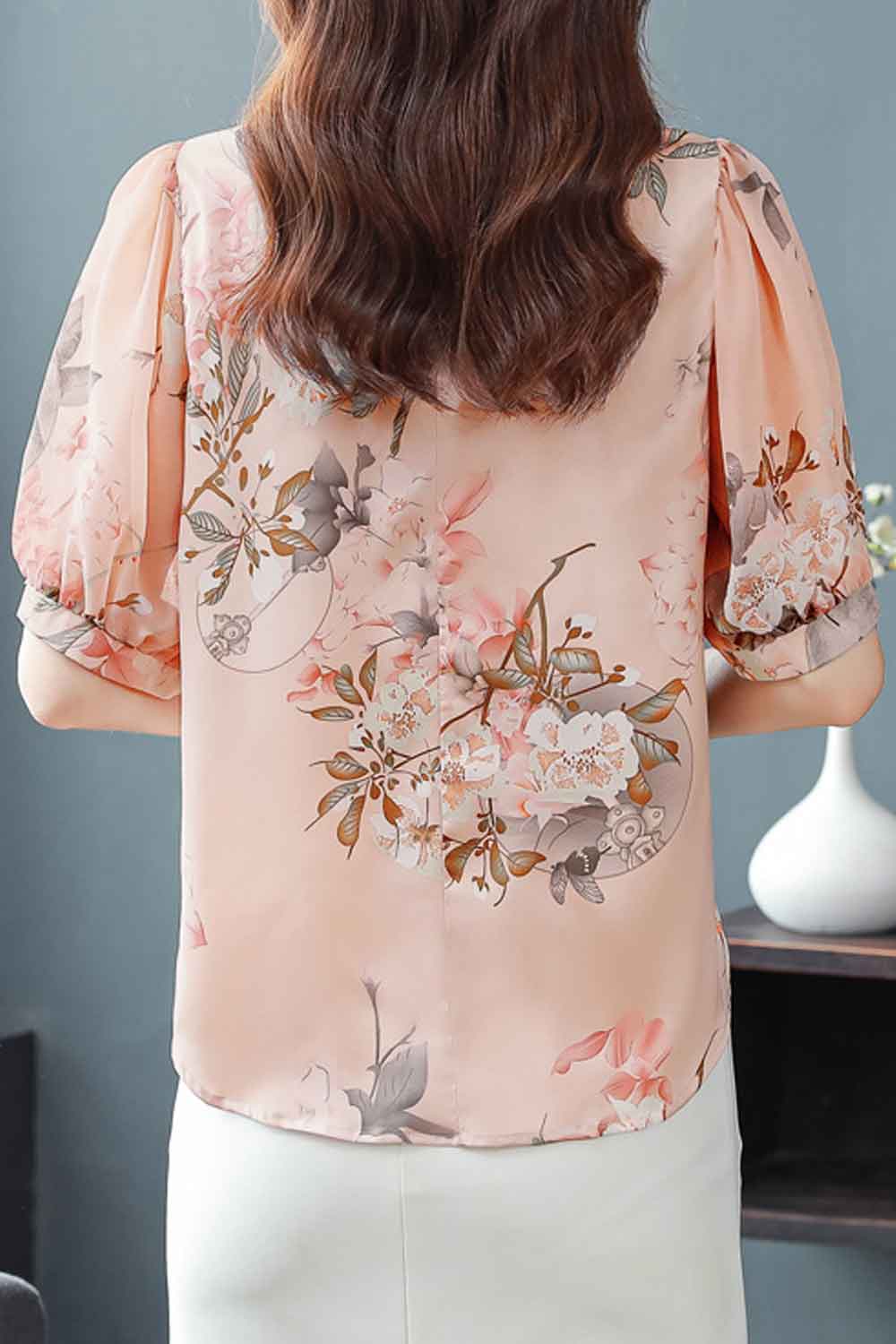 Women New Design Fashionable Mulberry Silk Round Neck Short Puff Sleeves Floral Printing Pattern Gentle Wind Style Summer Casual